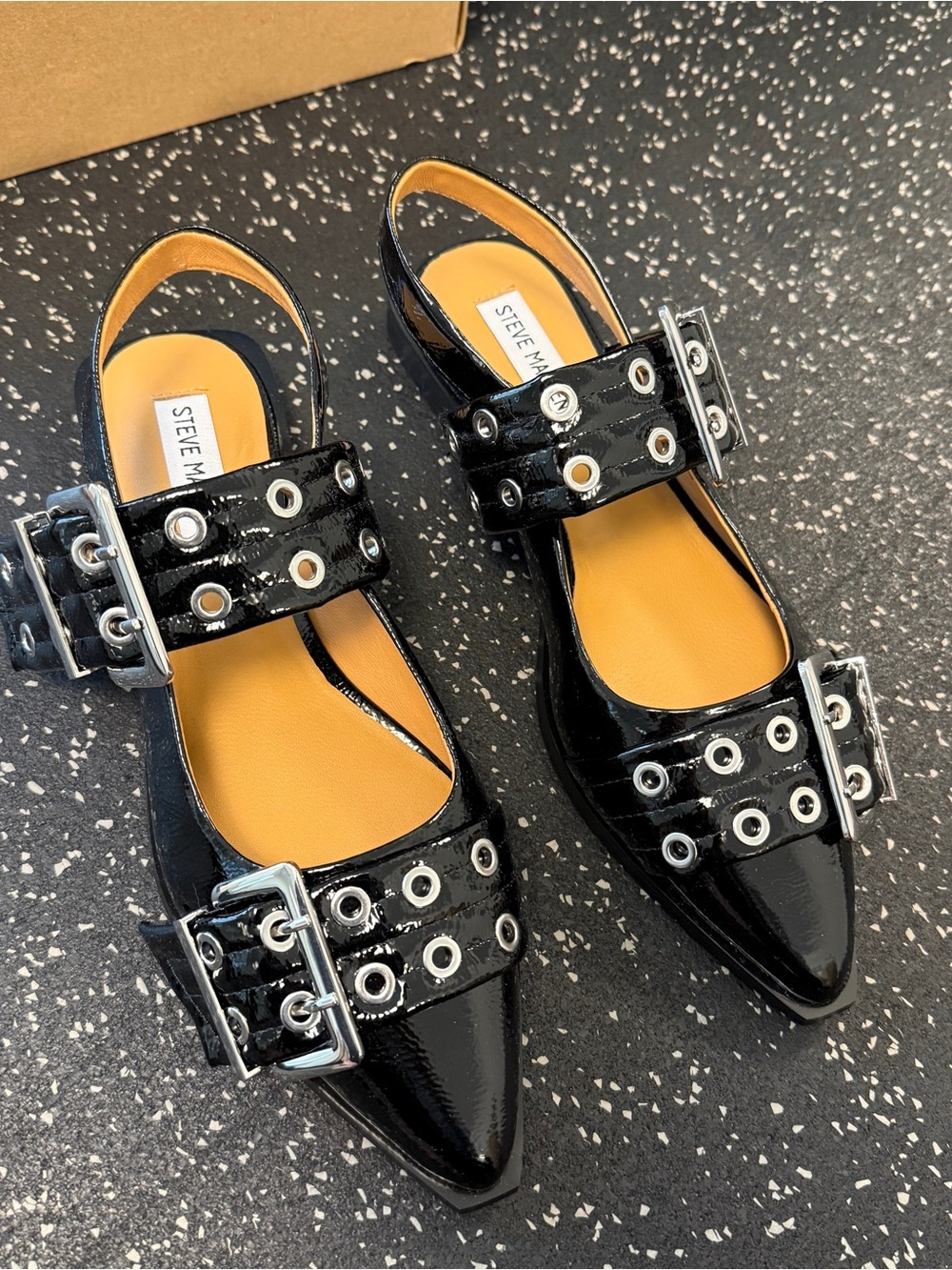 Steve Madden Black Patent Pointed Buckle Slingback Flats